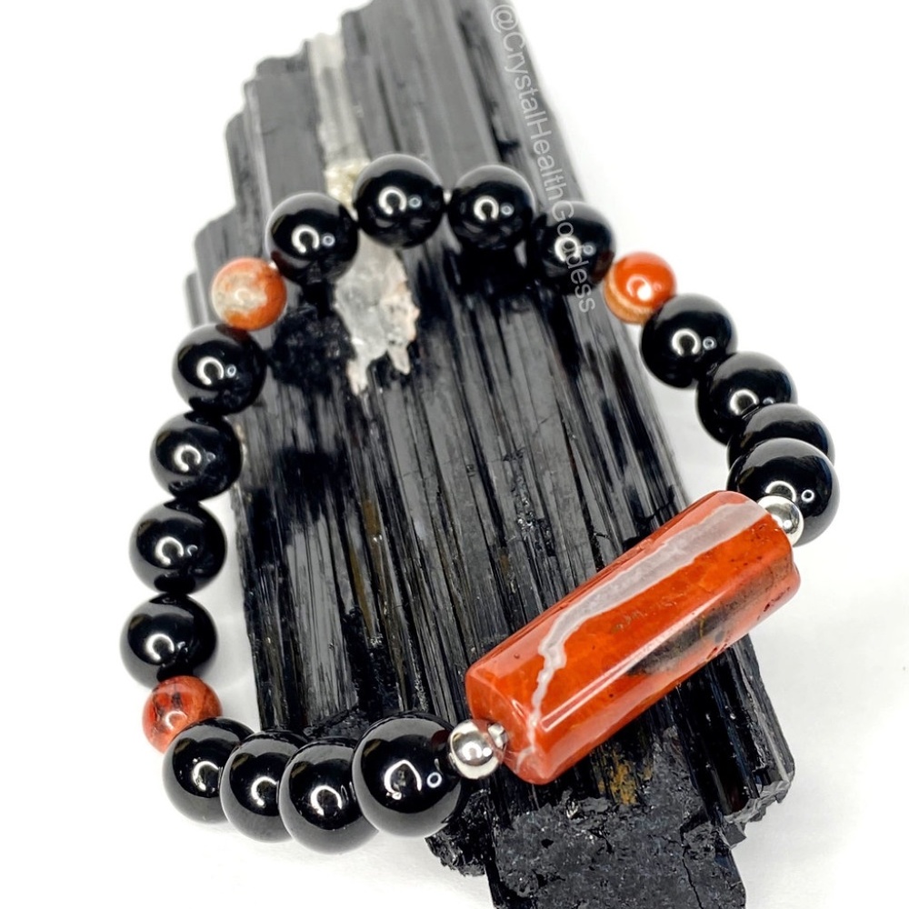 Black Tourmaline Jasper Bracelet Fine Silver Beads